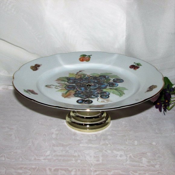 Vintage Cake Stand MZ CZECHOSLOVAKIA Fruit Pattern Cottagecore Serving Plate - Picture 1 of 10